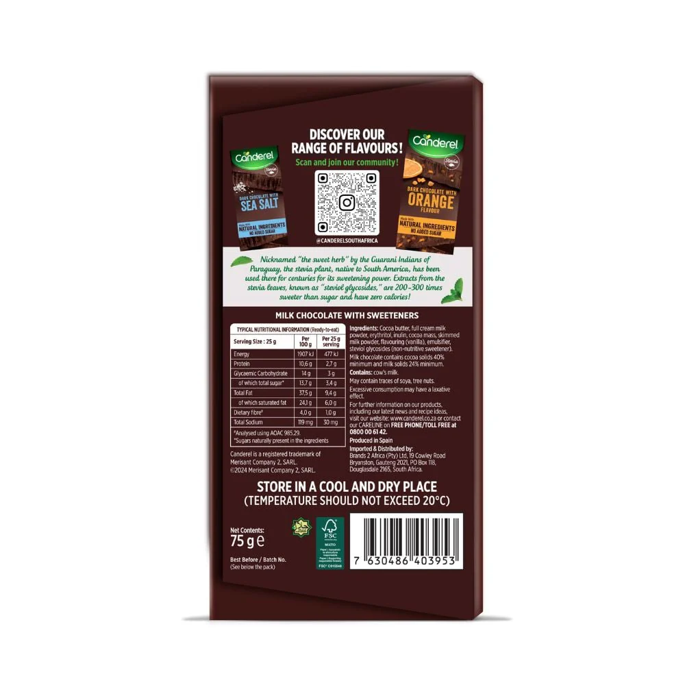 Canderel - Milk Chocolate Slab 75g - Image 2