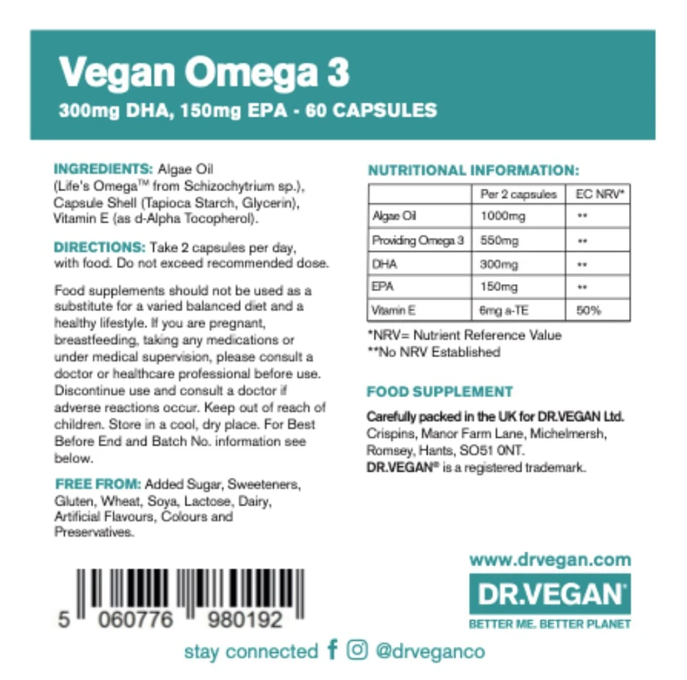 Dr Vegan - Vegan Omega 3 300mg DHA 150 EPA 60s - Image 3